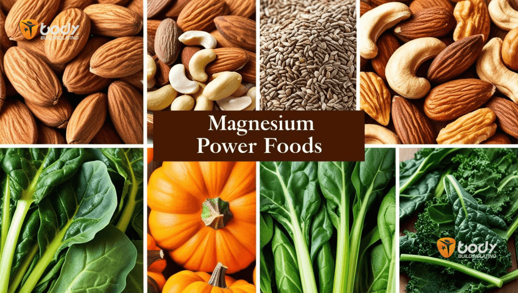 Variedad de alimentos ricos en magnesio como nueces, semillas y vegetales de hoja verde